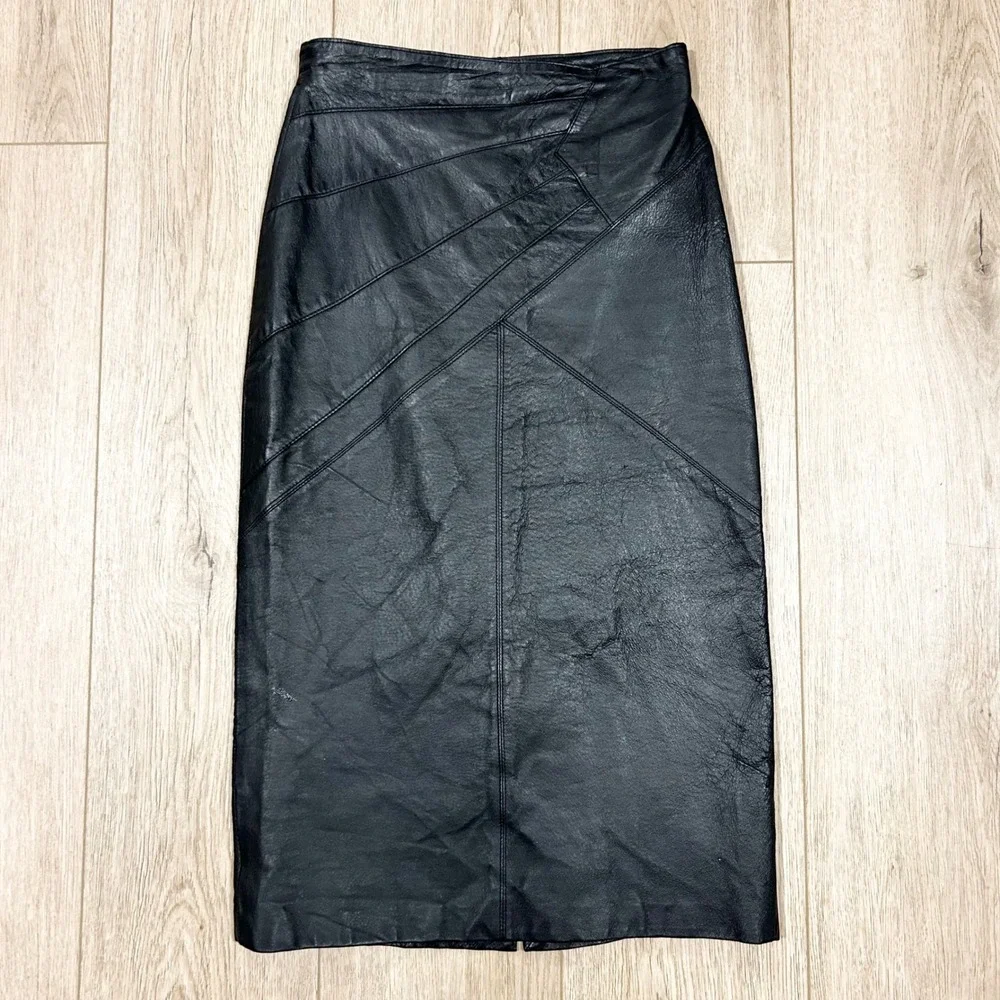 Vintage Vickie Leather Black Genuine Leather Paneled Midi Pencil Skirt 5 25‎ XS
